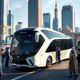 A futuristic Nomad Motors bus designed specifically for Kazakhstan in the year 2050, featuring a sleek and aerodynamic body, with elements of traditional Kazakh patterns integrated into the modern design