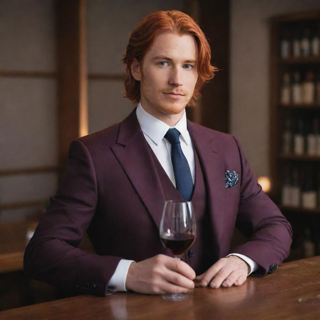 Diluc, the proprietor of the Dawn Winery from Genshin Impact, elegantly dressed in a well-tailored suit and tie. His fiery red hair contrasting against the suit, holding a glass of Mondstadt's finest wine.