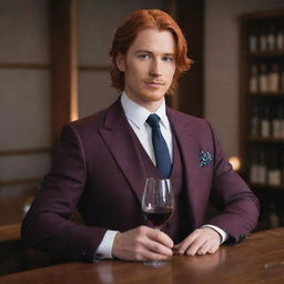 Diluc, the proprietor of the Dawn Winery from Genshin Impact, elegantly dressed in a well-tailored suit and tie. His fiery red hair contrasting against the suit, holding a glass of Mondstadt's finest wine.