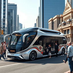 A futuristic Nomad Motors bus designed specifically for Kazakhstan in the year 2050, featuring a sleek and aerodynamic body, with elements of traditional Kazakh patterns integrated into the modern design