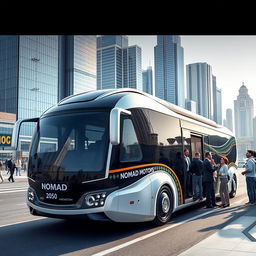 A futuristic Nomad Motors bus designed specifically for Kazakhstan in the year 2050, featuring a sleek and aerodynamic body, with elements of traditional Kazakh patterns integrated into the modern design