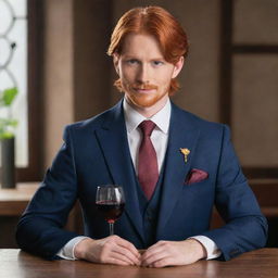 Diluc, the proprietor of the Dawn Winery from Genshin Impact, elegantly dressed in a well-tailored suit and tie. His fiery red hair contrasting against the suit, holding a glass of Mondstadt's finest wine.