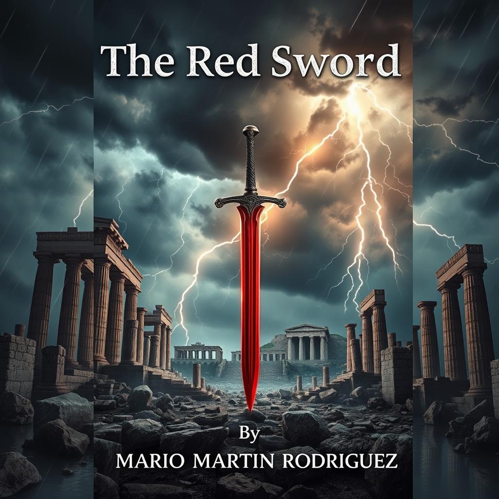 A striking book cover for the fantasy novel 'The Red Sword' by Mario Martín Rodríguez