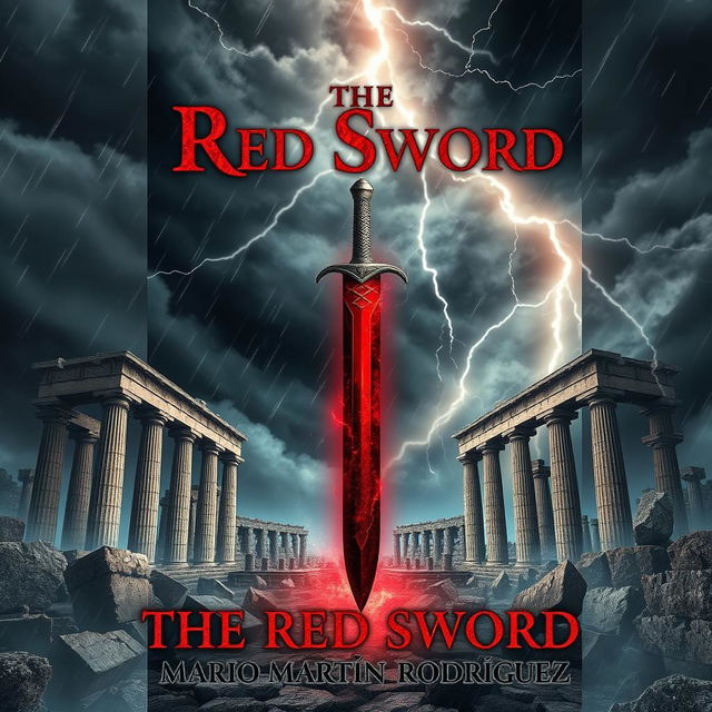 A striking book cover for the fantasy novel 'The Red Sword' by Mario Martín Rodríguez