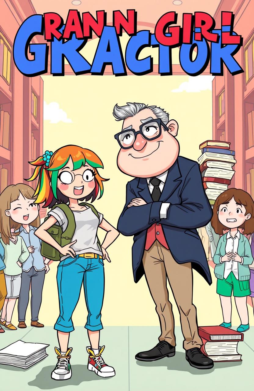 A humorous illustration depicting a random girl standing confidently against a stern-looking male professor, who has a playful yet intimidating expression