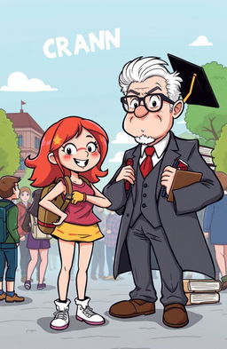 A humorous illustration depicting a random girl standing confidently against a stern-looking male professor, who has a playful yet intimidating expression