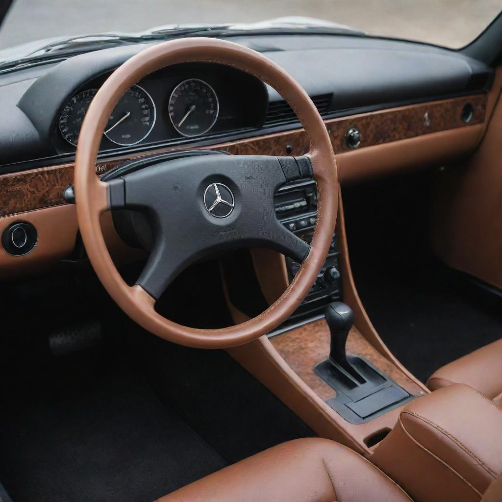 The reimagined interior of a Singer-restored Mercedes Benz 190e, displaying a seamless fusion of classic aesthetics and modern comforts. It features an old-school dashboard, contemporarily styled dials, and luxurious leather seats in a rich color scheme.