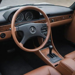 The reimagined interior of a Singer-restored Mercedes Benz 190e, displaying a seamless fusion of classic aesthetics and modern comforts. It features an old-school dashboard, contemporarily styled dials, and luxurious leather seats in a rich color scheme.