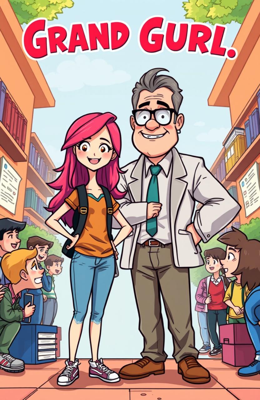 A humorous illustration depicting a random girl standing confidently against a stern-looking male professor, who has a playful yet intimidating expression