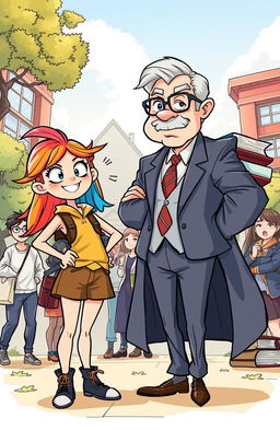 A humorous illustration depicting a random girl standing confidently against a stern-looking male professor, who has a playful yet intimidating expression