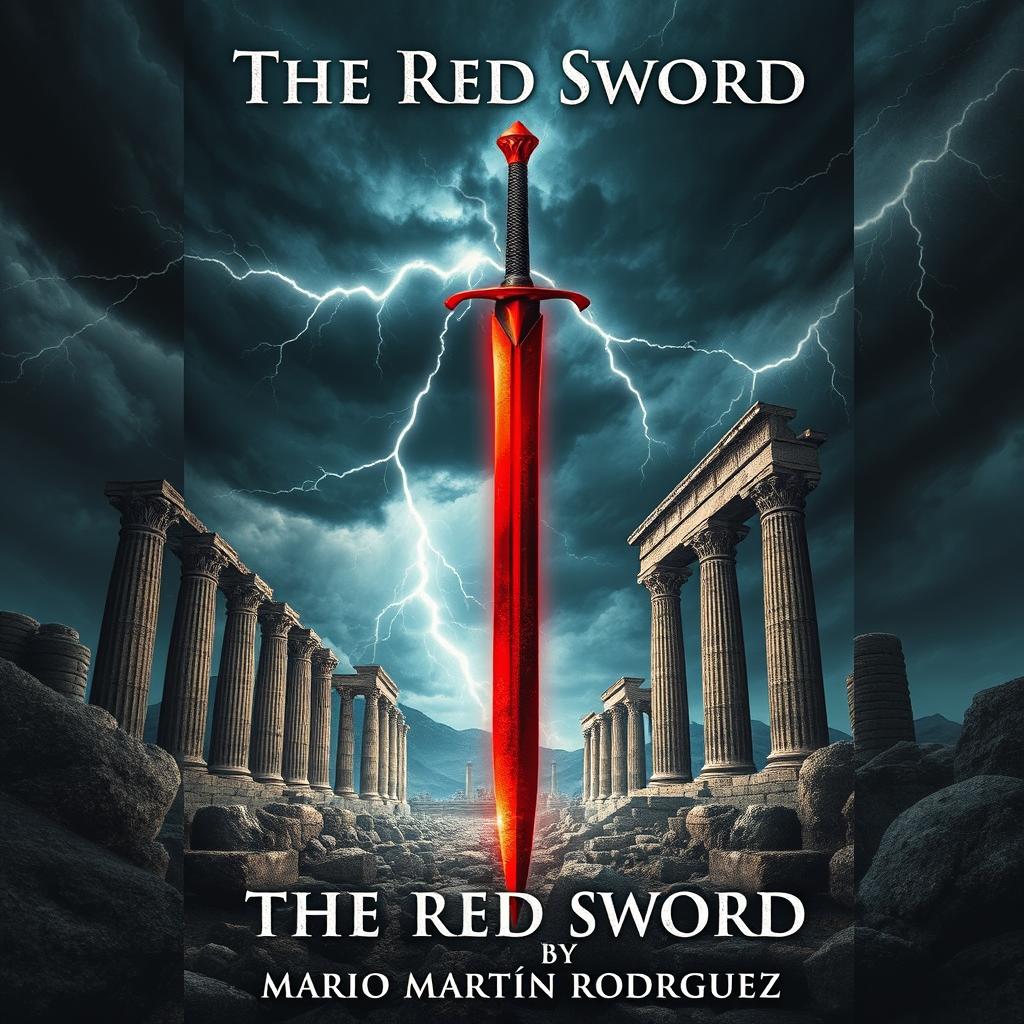 A striking book cover for the fantasy novel 'The Red Sword' by Mario Martín Rodríguez