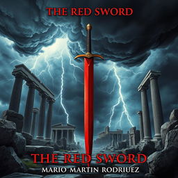 A striking book cover for the fantasy novel 'The Red Sword' by Mario Martín Rodríguez