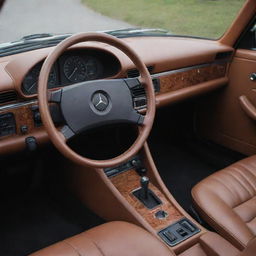 The reimagined interior of a Singer-restored Mercedes Benz 190e, displaying a seamless fusion of classic aesthetics and modern comforts. It features an old-school dashboard, contemporarily styled dials, and luxurious leather seats in a rich color scheme.