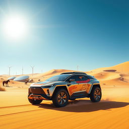 A futuristic scene depicting a Nomad Motors vehicle navigating through a vibrant and arid landscape in Kazakhstan in the year 2030