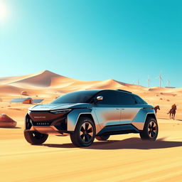 A futuristic scene depicting a Nomad Motors vehicle navigating through a vibrant and arid landscape in Kazakhstan in the year 2030