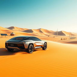 A futuristic scene depicting a Nomad Motors vehicle navigating through a vibrant and arid landscape in Kazakhstan in the year 2030