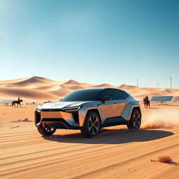 A futuristic scene depicting a Nomad Motors vehicle navigating through a vibrant and arid landscape in Kazakhstan in the year 2030