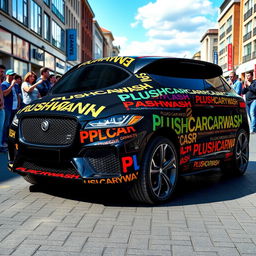 A sleek black Jaguar F-Pace SVR coated in the bold, colorful words 'PLUSHCARWASH' wrapping around its exterior