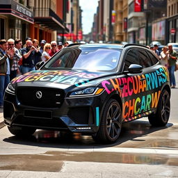 A sleek black Jaguar F-Pace SVR coated in the bold, colorful words 'PLUSHCARWASH' wrapping around its exterior