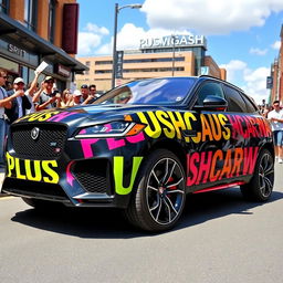 A sleek black Jaguar F-Pace SVR coated in the bold, colorful words 'PLUSHCARWASH' wrapping around its exterior