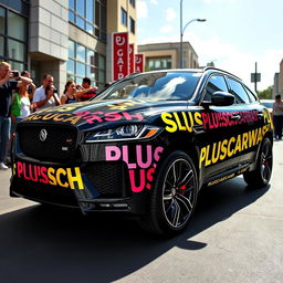 A sleek black Jaguar F-Pace SVR coated in the bold, colorful words 'PLUSHCARWASH' wrapping around its exterior