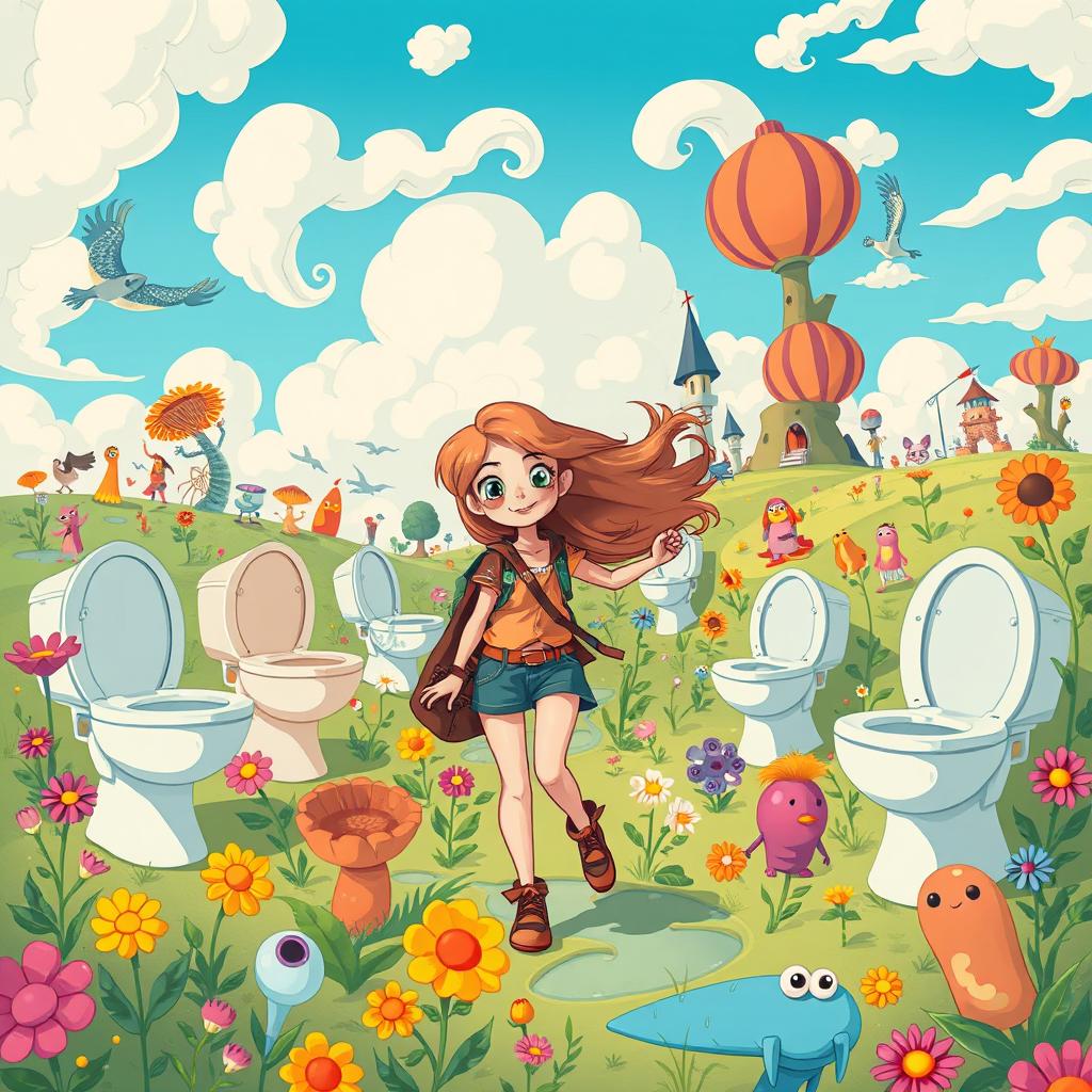 A whimsical, surreal illustration featuring a character named Manon embarking on an adventure in a fantastical world filled with Laszlo toilets