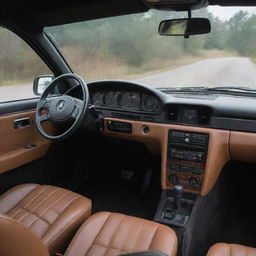 The reimagined interior of a Singer-restored Mercedes Benz 190e, displaying a seamless fusion of classic aesthetics and modern comforts. It features an old-school dashboard, contemporarily styled dials, and luxurious leather seats in a rich color scheme.