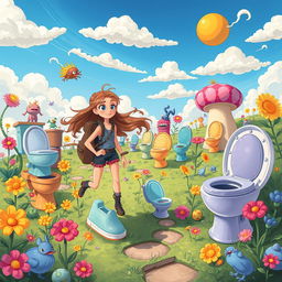 A whimsical, surreal illustration featuring a character named Manon embarking on an adventure in a fantastical world filled with Laszlo toilets