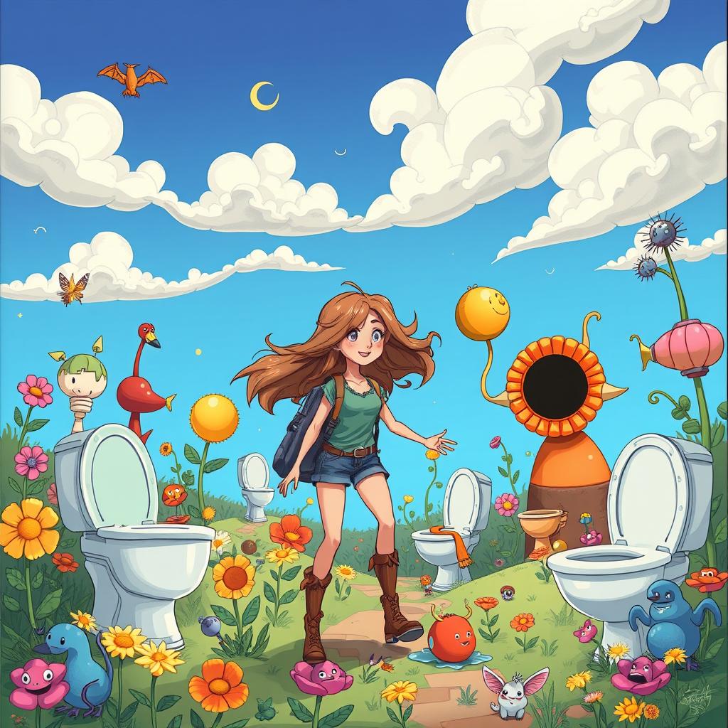 A whimsical, surreal illustration featuring a character named Manon embarking on an adventure in a fantastical world filled with Laszlo toilets