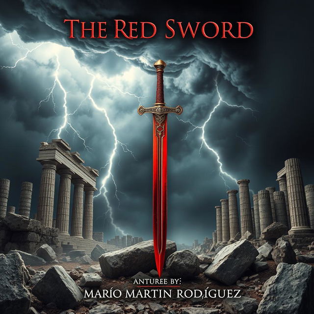 A dramatic book cover for the fantasy novel 'The Red Sword' by Mario Martín Rodríguez