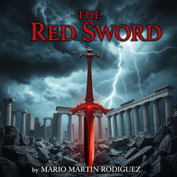 A dramatic book cover for the fantasy novel 'The Red Sword' by Mario Martín Rodríguez