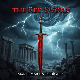 A dramatic book cover for the fantasy novel 'The Red Sword' by Mario Martín Rodríguez