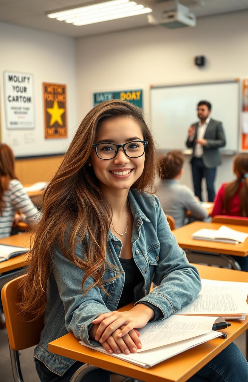 A beautiful random girl sitting at a desk in a college classroom, wearing stylish, casual attire