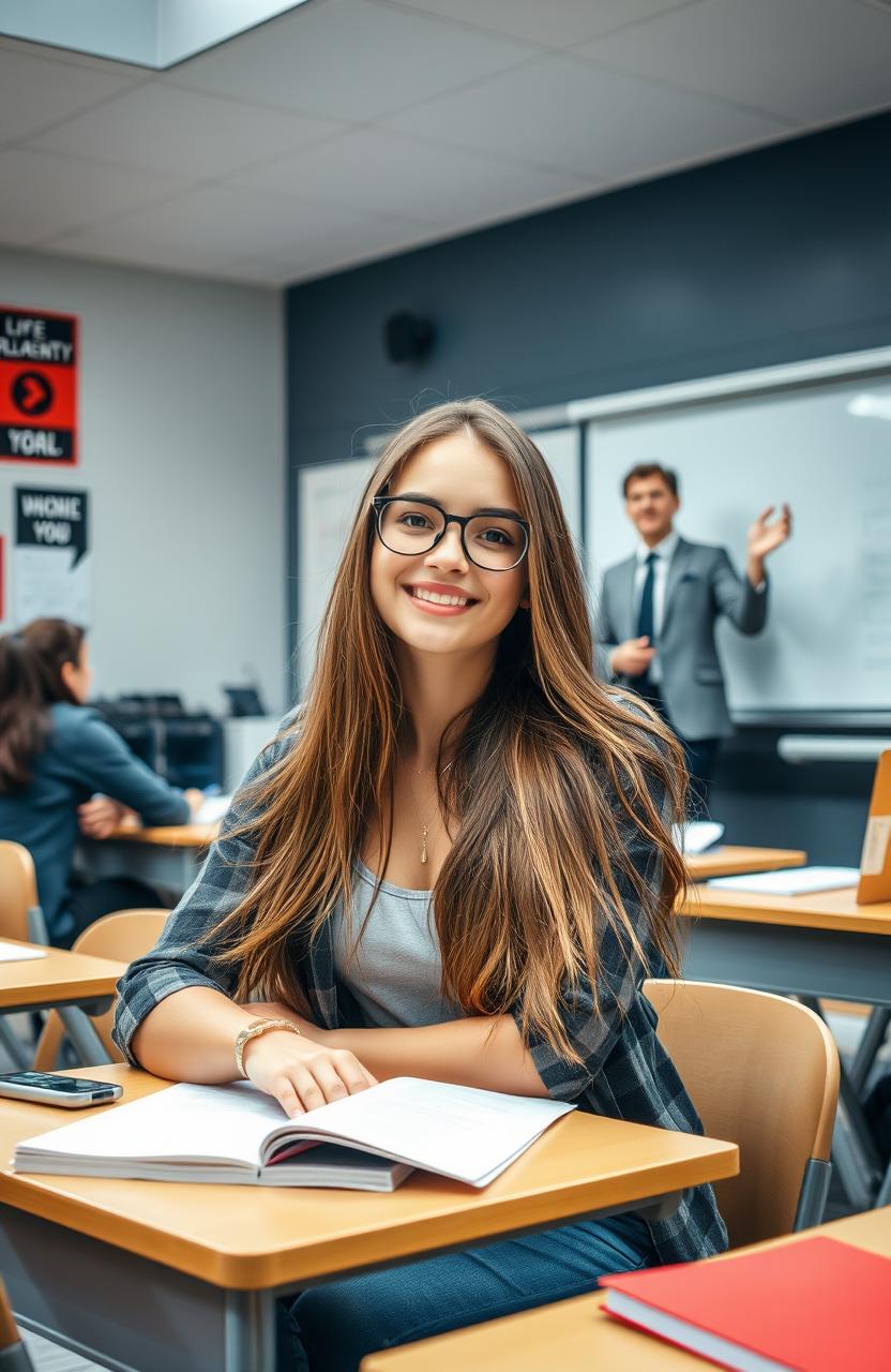 A beautiful random girl sitting at a desk in a college classroom, wearing stylish, casual attire