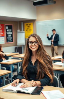 A beautiful random girl sitting at a desk in a college classroom, wearing stylish, casual attire