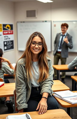 A beautiful random girl sitting at a desk in a college classroom, wearing stylish, casual attire