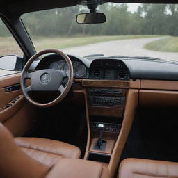 The reimagined interior of a Singer-restored Mercedes Benz 190e, displaying a seamless fusion of classic aesthetics and modern comforts. It features an old-school dashboard, contemporarily styled dials, and luxurious leather seats in a rich color scheme.