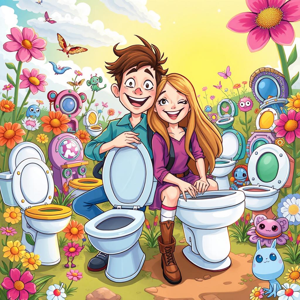 A vibrant and whimsical illustration depicting Laszlo and Manon on a fantastical adventure involving toilets