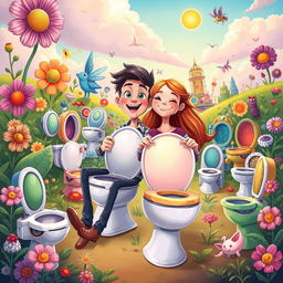 A vibrant and whimsical illustration depicting Laszlo and Manon on a fantastical adventure involving toilets