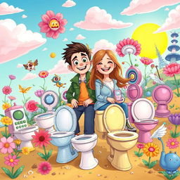 A vibrant and whimsical illustration depicting Laszlo and Manon on a fantastical adventure involving toilets