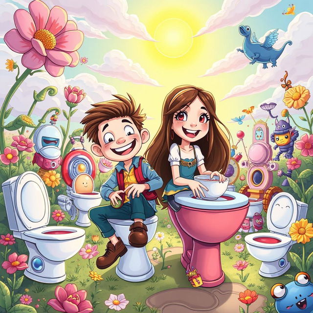 A vibrant and whimsical illustration depicting Laszlo and Manon on a fantastical adventure involving toilets