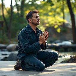 A poignant scene of a man kneeling in prayer, with his hands clasped together in a gesture of devotion