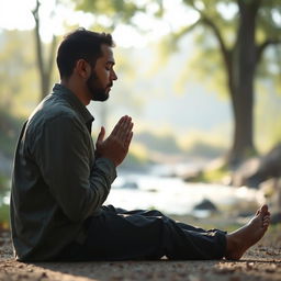 A poignant scene of a man kneeling in prayer, with his hands clasped together in a gesture of devotion