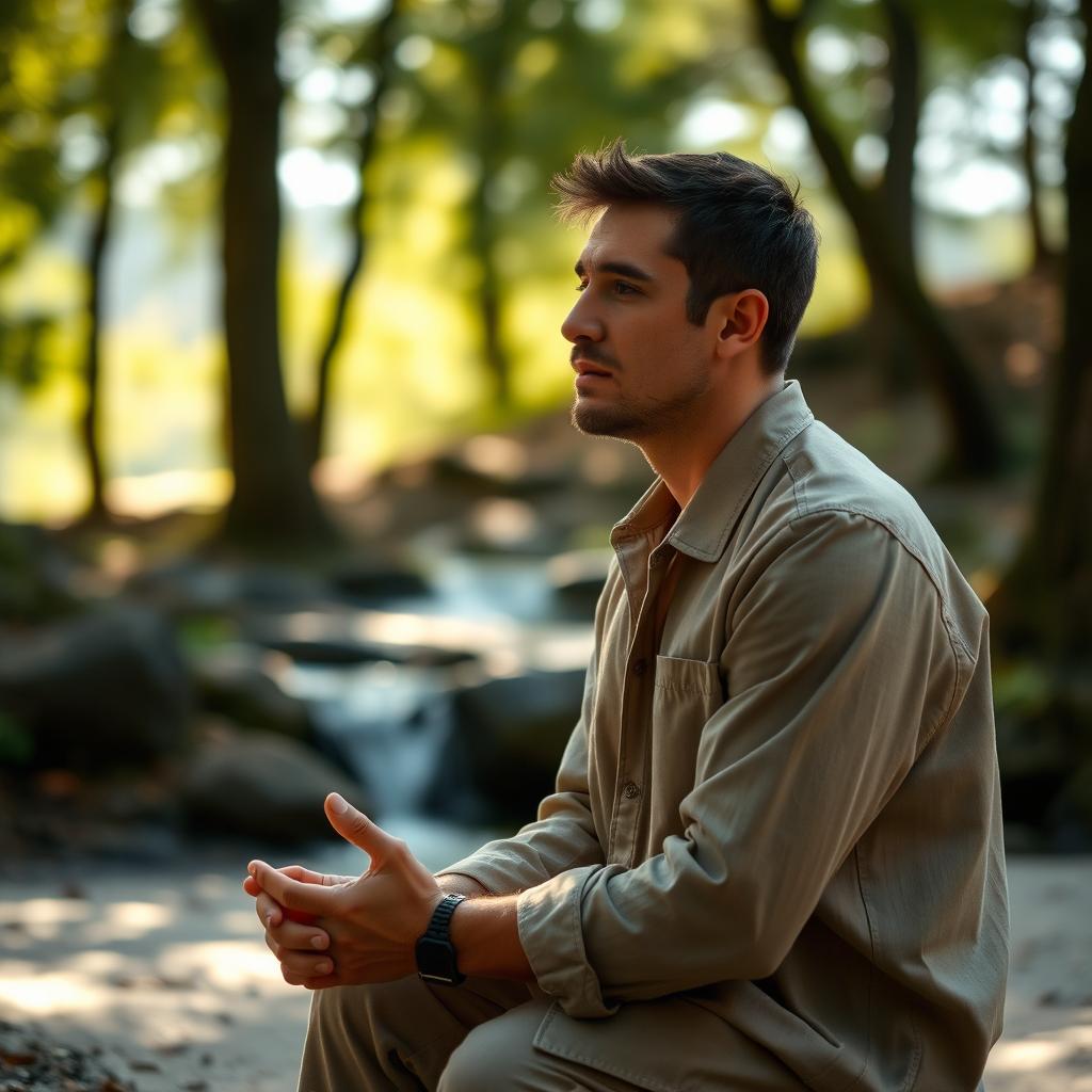 A poignant scene of a man kneeling in prayer, with his hands clasped together in a gesture of devotion