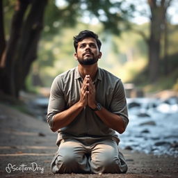 A poignant scene of a man kneeling in prayer, with his hands clasped together in a gesture of devotion