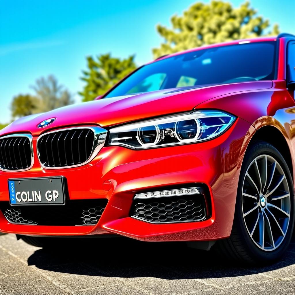 A striking red BMW parked on a scenic street