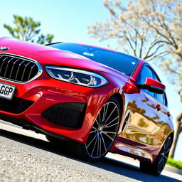 A striking red BMW parked on a scenic street