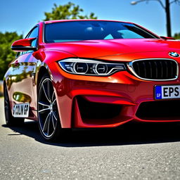 A striking red BMW parked on a scenic street