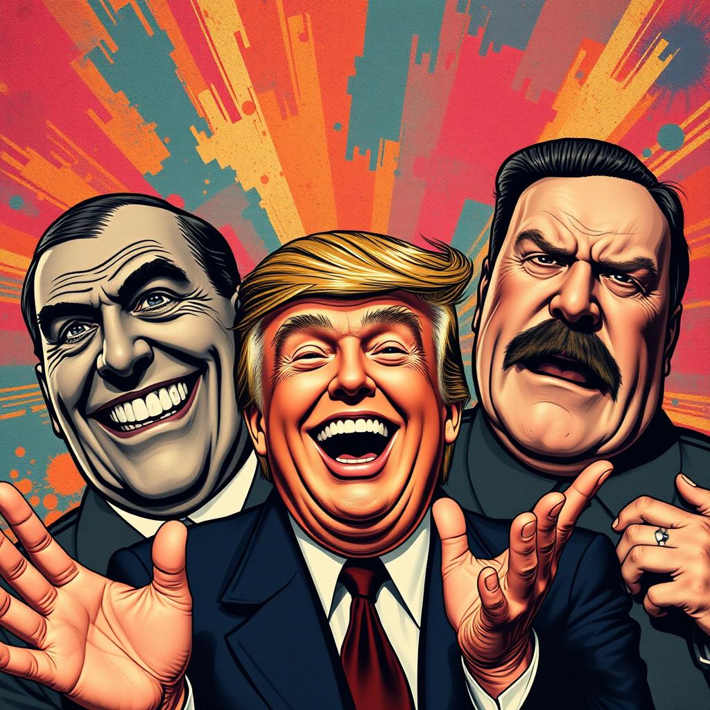 A dramatic and surreal composition featuring three historical figures: Donald Trump, Adolf Hitler, and Joseph Stalin, all depicted with exaggerated expressions of mirth