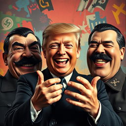 A dramatic and surreal composition featuring three historical figures: Donald Trump, Adolf Hitler, and Joseph Stalin, all depicted with exaggerated expressions of mirth